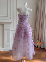 Purple 3D Flower Straps Prom Dress