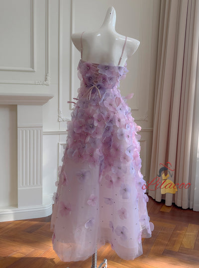 Purple 3D Flower Straps Prom Dress