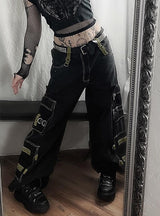 Heavy Metal Ribbon Spliced Pocket Jeans