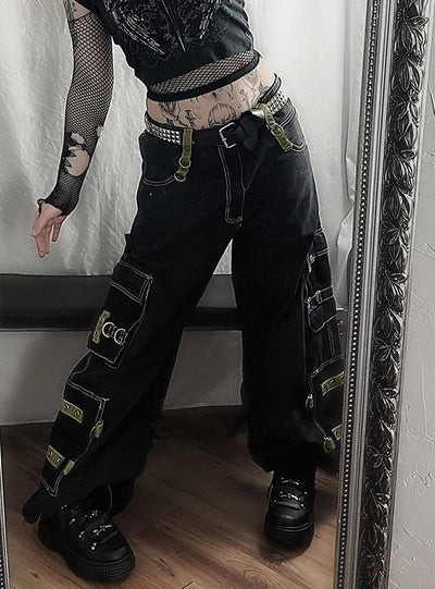 Heavy Metal Ribbon Spliced Pocket Jeans