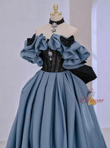 Blue Satin Black Lace Prom Dress