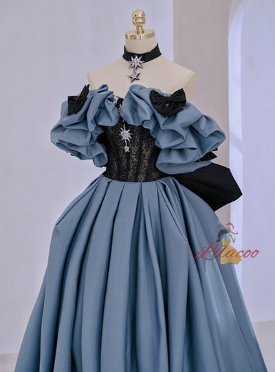 Blue Satin Black Lace Prom Dress