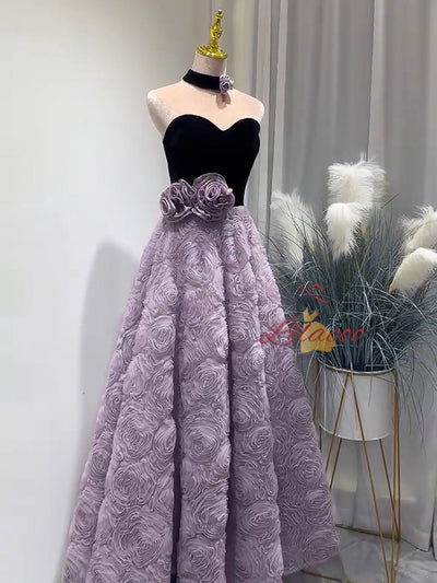 Purple Tulle Black Velvet Flower Prom Dress