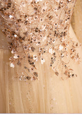Champagne Tulle Sequins Beading Prom Dress