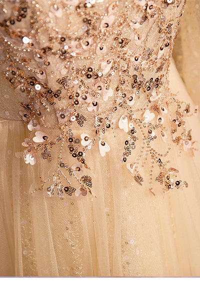 Champagne Tulle Sequins Beading Prom Dress