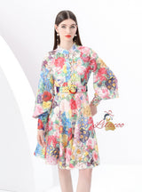 Retro Lace Button-down Printed Short Dress