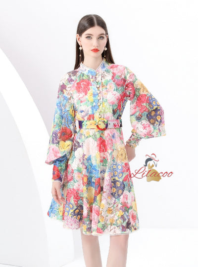 Retro Lace Button-down Printed Short Dress