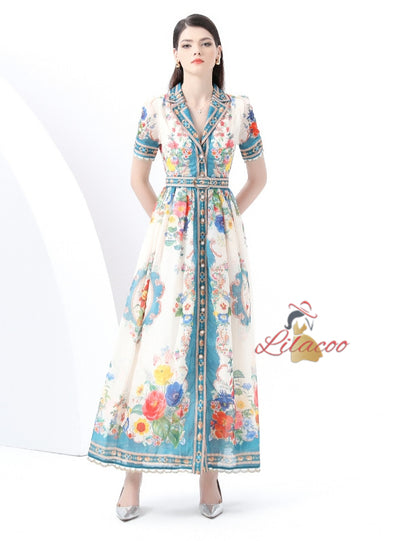 Short Sleeve Printed Long Dress