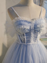Blue Tulle Pearls Pleats Homecoming Dress
