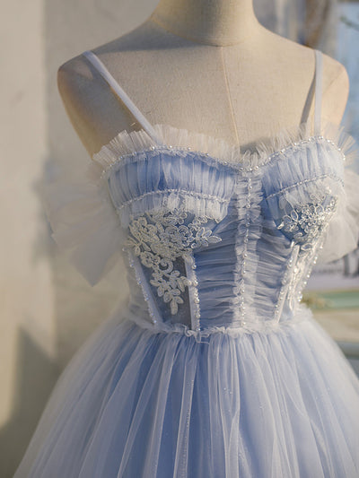 Blue Tulle Pearls Pleats Homecoming Dress
