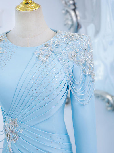 Blue Mermaid Pleats Beading Long Sleeve Prom Dress
