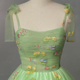 Green Tulle Embroidery Pleats Prom Dress