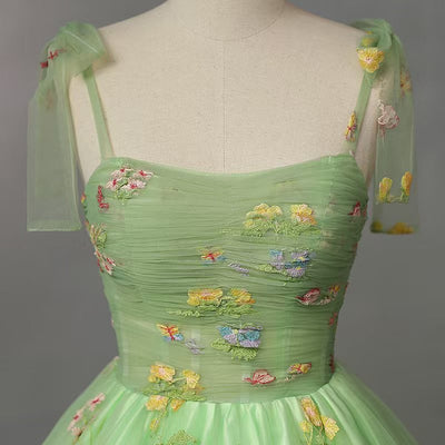 Green Tulle Embroidery Pleats Prom Dress