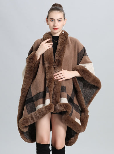 Plaid Fur Collar Shawl Cloak Shawl