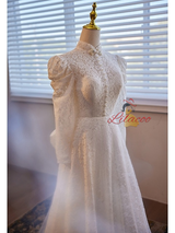 White Lace Long Sleeve High Neck Wedding Dress