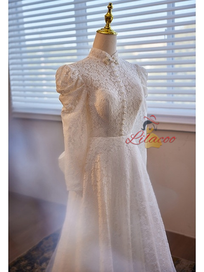 White Lace Long Sleeve High Neck Wedding Dress