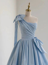 Blue Satin One Shoulder Pleats Bow Prom Dress