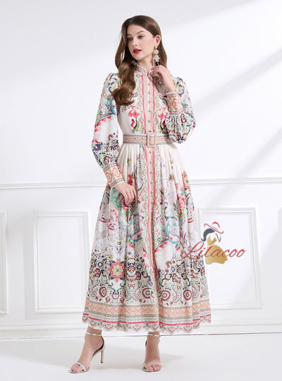 Long Sleeve Retro Print Long Dress