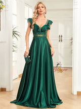 Green Satin V-neck Lace Prom Dress