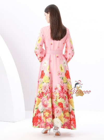 Retro Stand-up Printed Long Dress