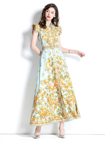 Retro Palace Lotus Leaf Sleeve Printed Dress