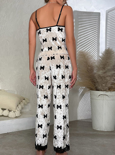 Bow Velvet Lace Printed Sling Set Two-piece Suit