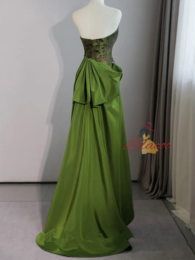 Green Print Strapless Pleats Prom Dress