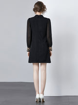 Embroidered Lapel Long Sleeve Dress