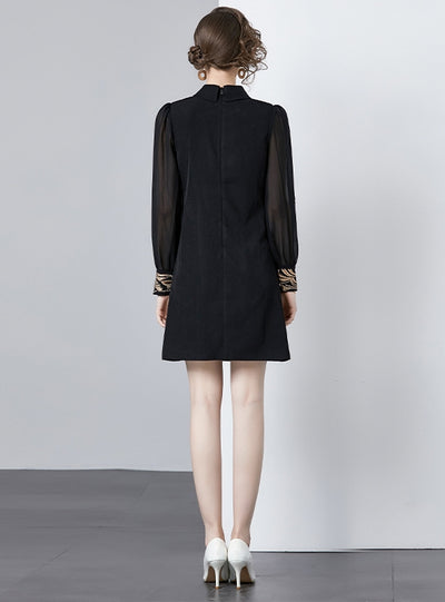 Embroidered Lapel Long Sleeve Dress