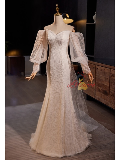 White Mermaid Lace Long Sleeve Wedding Dress