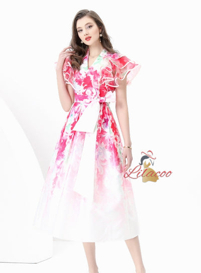 Women V-neck Slim Printed Dress