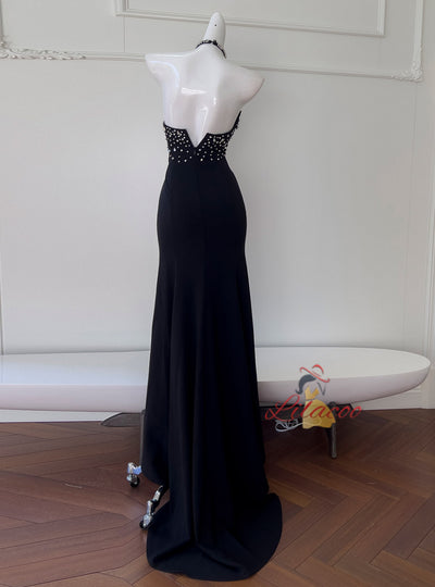 Black Mermaid Halter Beading Prom Dress