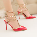 Thin High Heel Patent Leather Metal Rivet Sandals