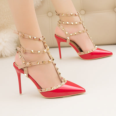 Thin High Heel Patent Leather Metal Rivet Sandals