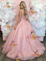 Pink Tulle Sequins Appliques Prom Dress
