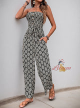 Pleats Printed Strapless Jumpsuit