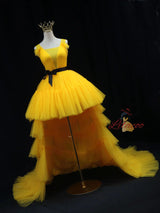 Yellow Tulle Hi Lo Pleats Prom Dress