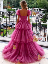 Fuchsia Tulle Puff Sleeve Prom Dress