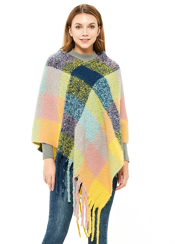 Fringed Pullover Cloak Thickened Color Plaid Shawl