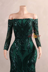 Green Mermaid Sequins Long Sleeve Prom Dress