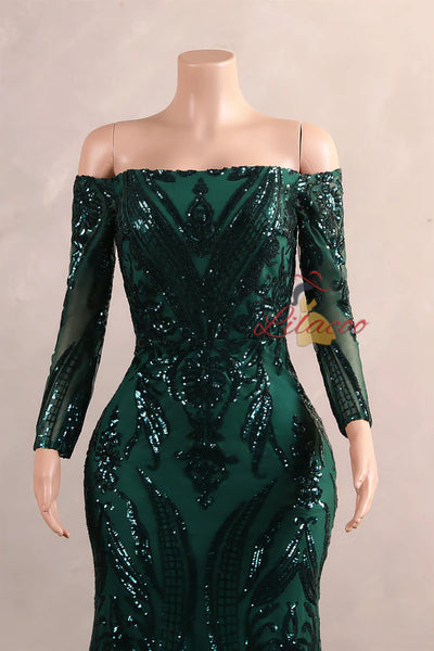 Green Mermaid Sequins Long Sleeve Prom Dress