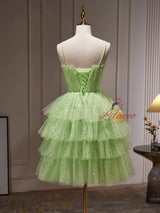 Green Tulle Sequins Straps Tiers Homecoming Dress