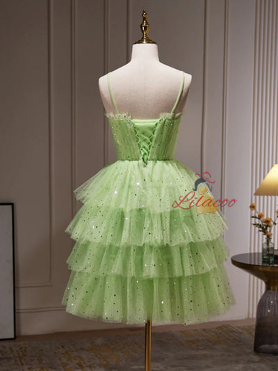Green Tulle Sequins Straps Tiers Homecoming Dress