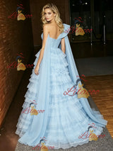Blue Tulle One Shoulder Prom Dress