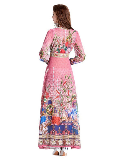 Retro Deep V-neck Lantern Sleeve Printed Dress