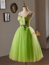 Green Straps Tulle Appliques Homecoming Dress