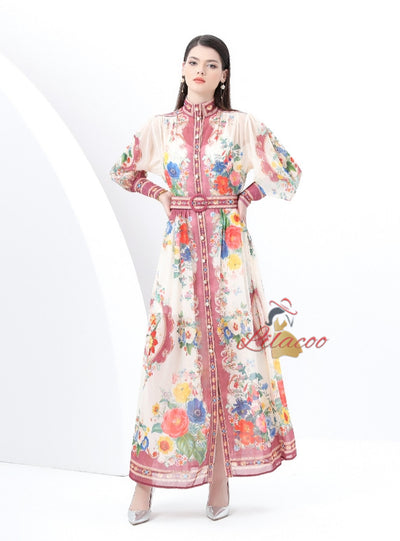 Retro Stand-up Lantern Sleeve Printed Dress
