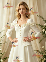 Ivory Long Sleeve Satin Flower Wedding Dress