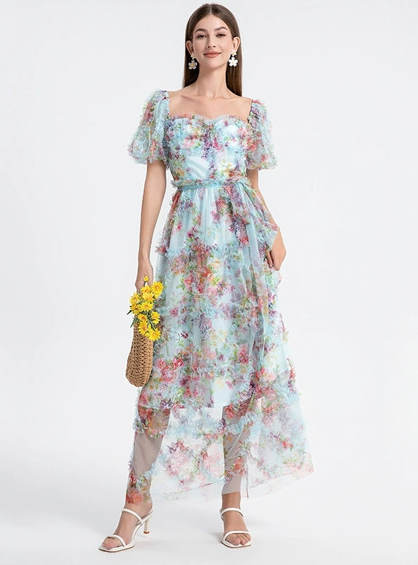 Heavy-duty Gauze Printed Spliced Ruffled Dress