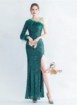 One Shoulder Long Sleeve Split Prom Dress
